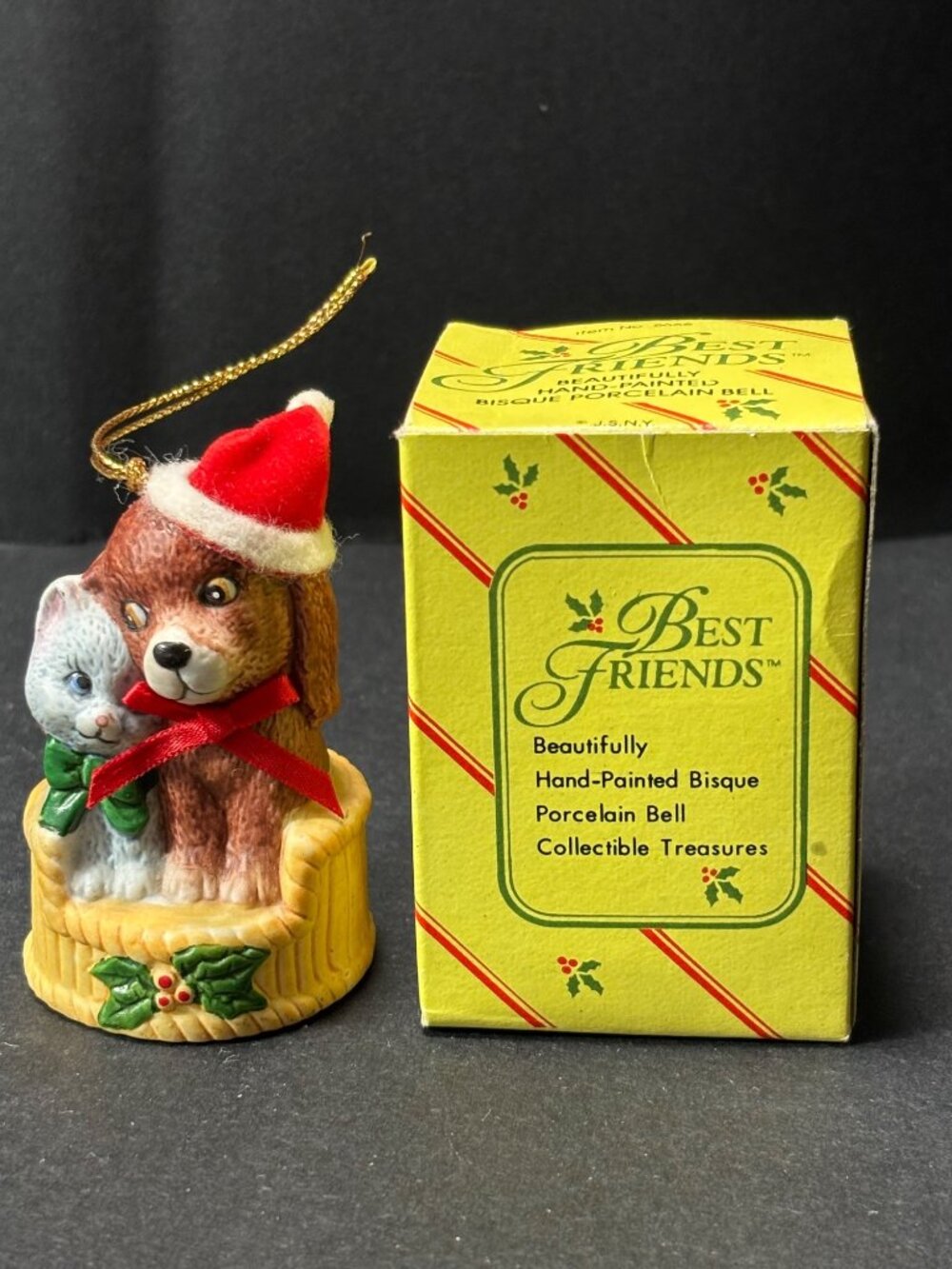 Best Friends Hand-Painted Bisque Porcelain Bell Ornament Kitten & Puppy Holiday